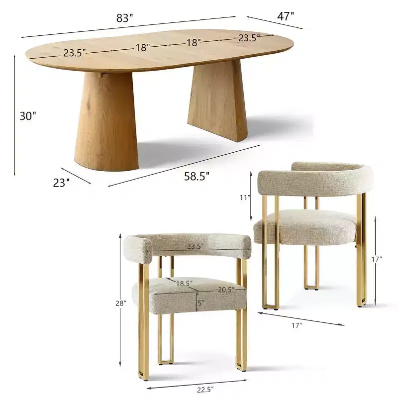 Ensemble table à manger ronde extensible en ovale avec 4 fauteuils en velours, design piédestal moderne, jusqu'à 8 personnes - Panipeachy