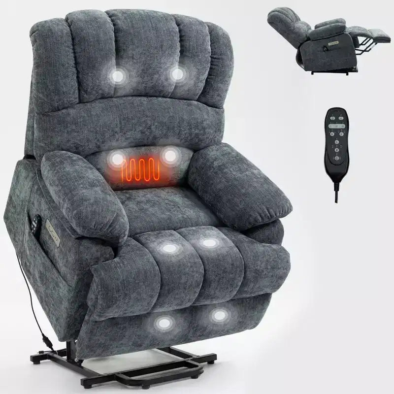 CLIHOME Fauteuil inclinable électrique releveur en chenille grande taille, largeur d'assise 23 pouces et dossier haut, avec massage vibrant 8 points et chauffage lombaire