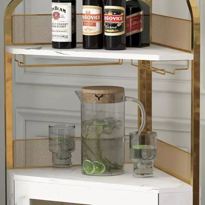 Meuble de bar d'angle CuisinSmart avec casier à vin amovible, meuble de bar avec porte-verres, petit buffet et armoire de rangement avec porte grillagée