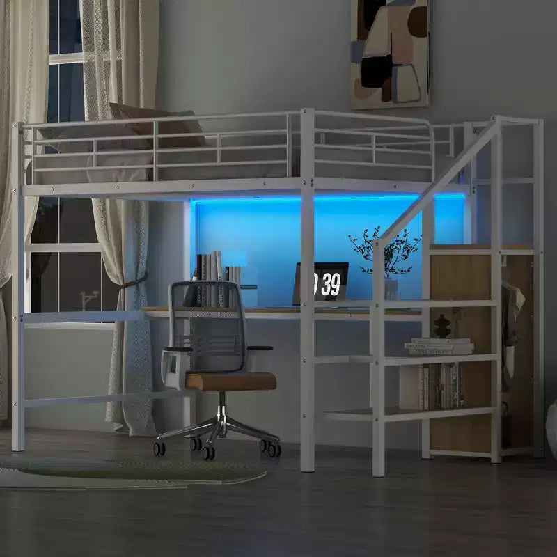 Okak Lit superposé en métal grandeur nature avec bureau et escalier de rangement et barrière de sécurité Lit mezzanine avec petite armoire et LED pour enfants adolescents Assemblage facile