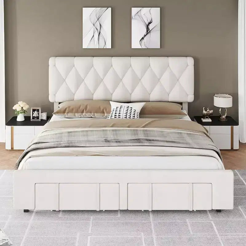 Cadre de lit plateforme capitonné beige DobleePy avec tiroirs de rangement, support à lattes en bois, pas besoin de sommier, assemblage facile