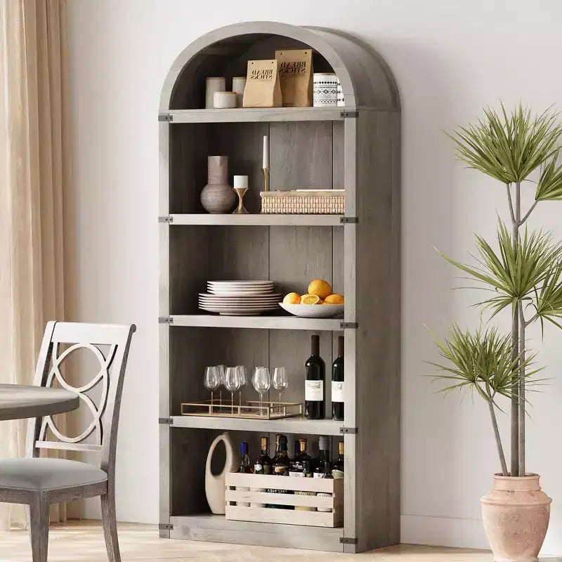 GustoWave Bibliothèque Haute de 181,96 cm, Étagère Murale Arched Style Ferme, Rangement d'Exposition, Étagères en Bois, Blanc/Gris