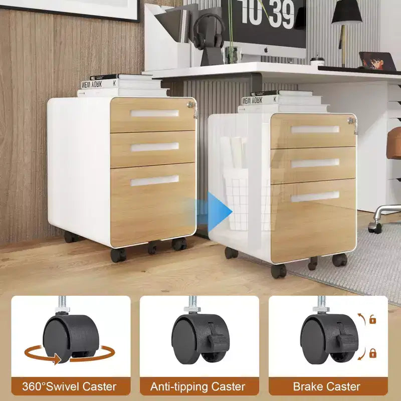 Meuble Classeur Mobile à 3 Tiroirs avec Serrure C Entièrement Assemblé Rangement Sous-Bureau pour Dossiers A4/Lettre/Légal, Conception en Métal Roulant à 5 Roues