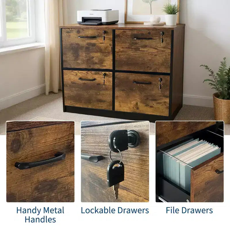COZONY Meuble Classeur en Bois à 4 Tiroirs, Rangement Vertical Verrouillable pour A4/Lettre, Marron Rustique et Noir