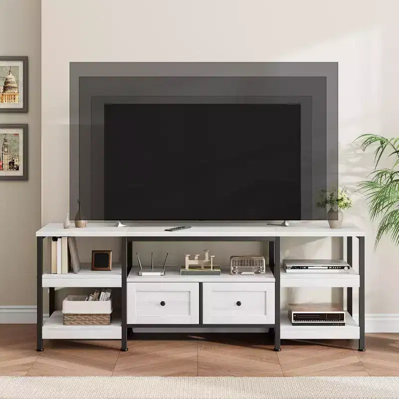 Meuble TV rustique de 180 cm avec rangement - Pour téléviseurs jusqu'à 75 pouces, 2 tiroirs et étagères ouvertes, meuble TV de style industriel avec cadre en métal