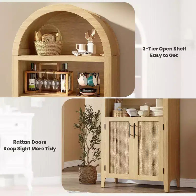 Étagère ouverte à 5 niveaux avec décor en rotin, armoire de rangement de style ferme, armoire de rangement de cuisine arquée, pour la maison, le bureau, le salon