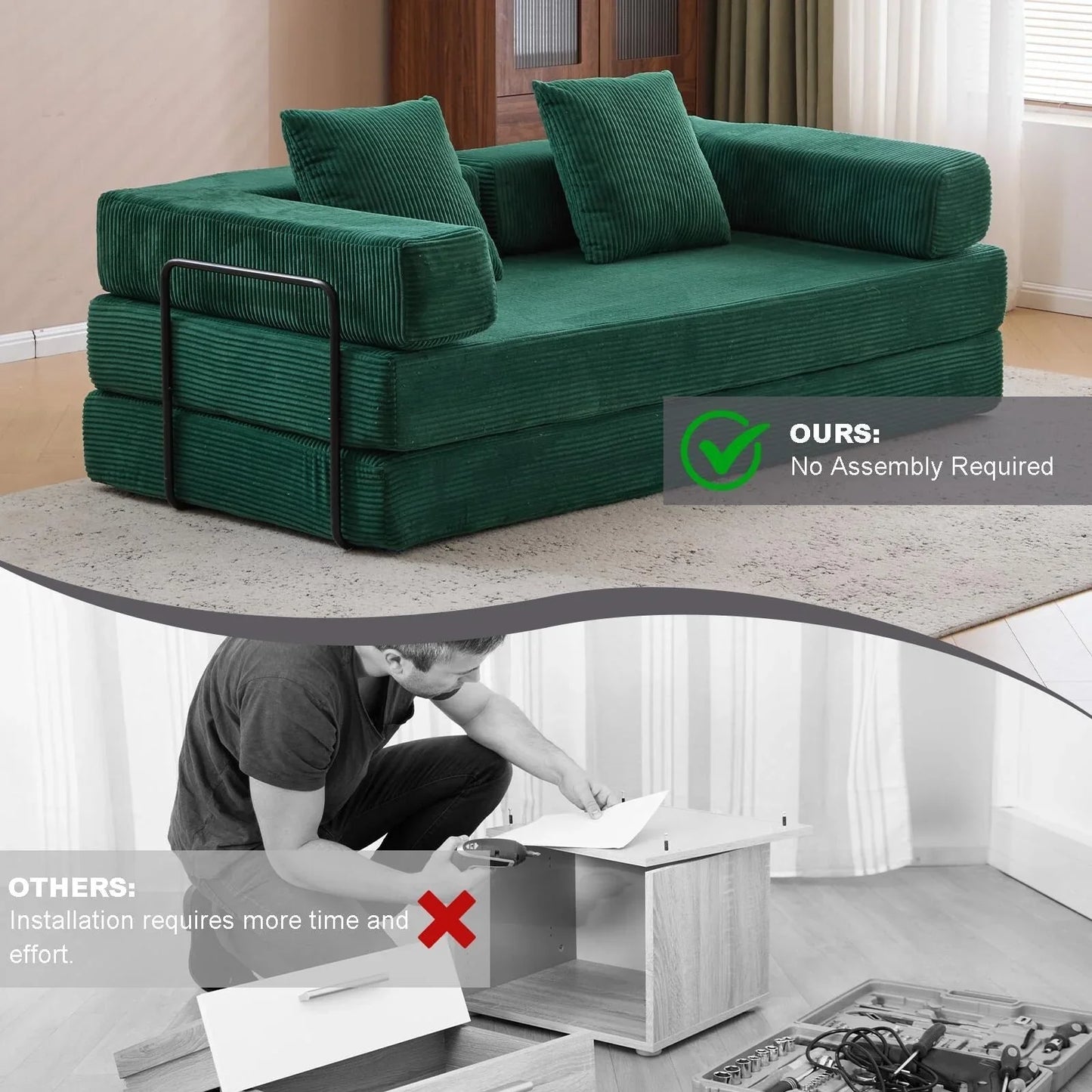 Canapé-lit convertible avec dossier à oreillers en tissu chenille pour salon et chambre