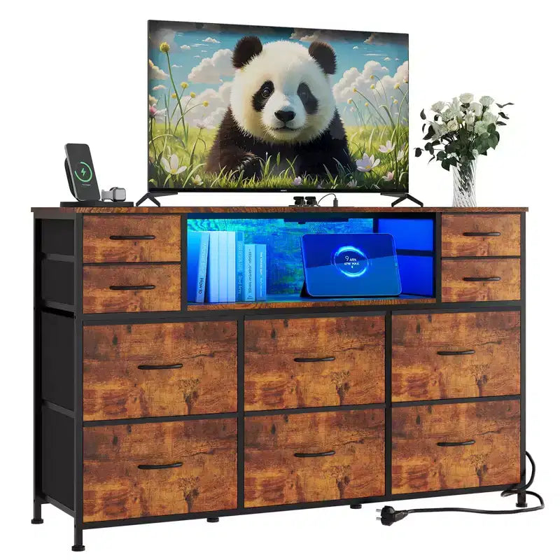Commode de rangement à 10 tiroirs avec support TV, bande lumineuse LED et prises électriques, commode en tissu avec plateau en bois, meuble TV pour téléviseur de 55 pouces, commode de rangement