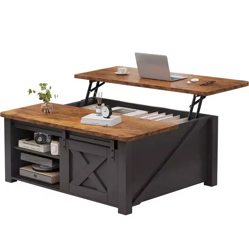 Table basse relevable JIONJOY 31,5" avec grand espace de rangement dissimulé, étagères réglables, table basse carrée de style ferme pour salon, petits espaces