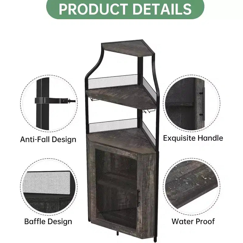 Meuble de bar d'angle CuisinSmart avec casier à vin amovible, meuble de bar avec porte-verres, petit buffet et armoire de rangement avec porte grillagée