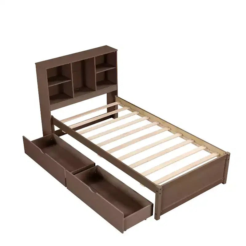Bellemave Lit plateforme jumeau avec tête de lit bibliothèque et 2 tiroirs de rangement, lit plateforme en panneau de particules avec port de chargement USB