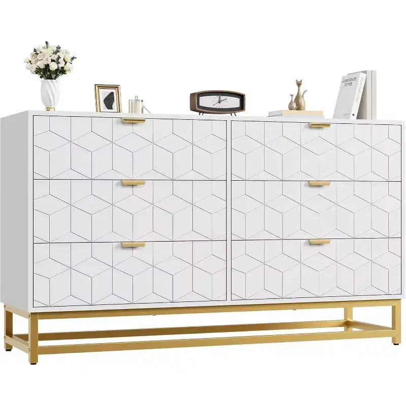 Commode Blanche à 6 Tiroirs DobleePy avec Pieds en Métal Doré, Grande Commode de Rangement de 136 cm de Large pour Chambre, Salon, Entrée