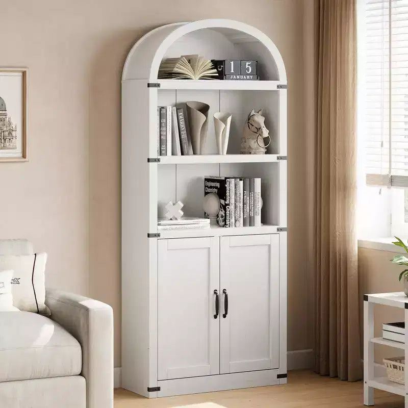 Bibliothèque GustoWave avec portes, étagère arquée de 182 cm de haut, meuble de rangement de style ferme avec étagères, bibliothèques en bois pour bureau à domicile