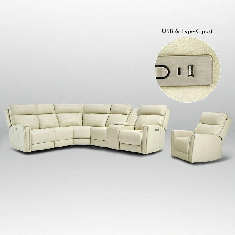 Canapé d'angle électrique en cuir véritable 6 places de 104 po de largeur et fauteuil inclinable de 39 po de largeur avec gravité zéro, ports USB, 2 fauteuils sans accoudoirs fixes