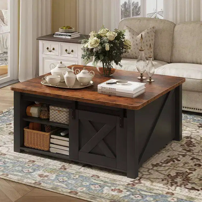 Table basse relevable JIONJOY 31,5" avec grand espace de rangement dissimulé, étagères réglables, table basse carrée de style ferme pour salon, petits espaces