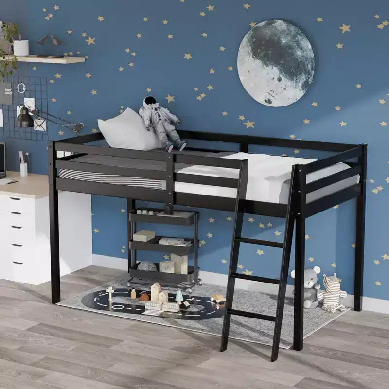 Lit mezzanine Karl Home Gray Wood Junior avec escalier pleine grandeur pour adultes, enfants et jeunes adolescents