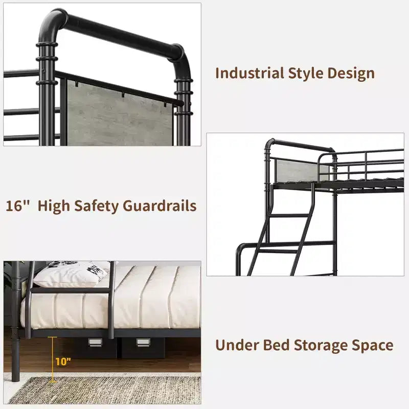 Lit superposé double avec lit inférieur double et barrière de sécurité haute, lits superposés convertibles en métal de taille double pour enfants/adolescents, montage facile, aucun sommier tapissier requis