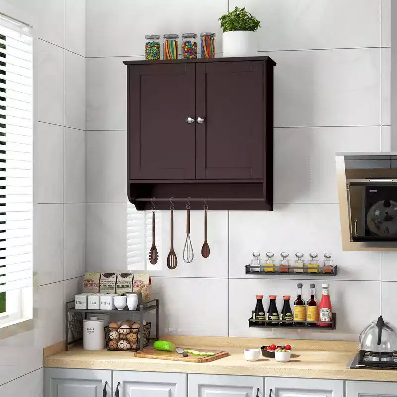Armoire de salle de bain murale Costway avec barre porte-serviettes marron/gris