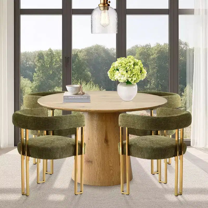 Ensemble table à manger ronde extensible en ovale avec 4 fauteuils en velours, design piédestal moderne, jusqu'à 8 personnes - Panipeachy