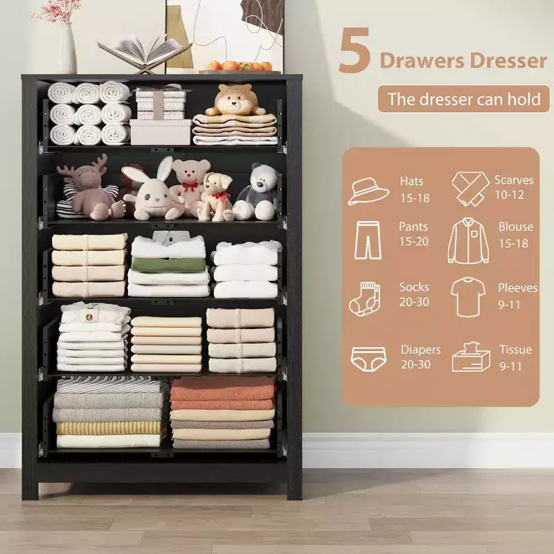 Commode moderne à 5 tiroirs avec rangement profond, coffre en bois élégant pour chambre à coucher, salon, entrée, offrant un grand espace pour une décoration intérieure organisée