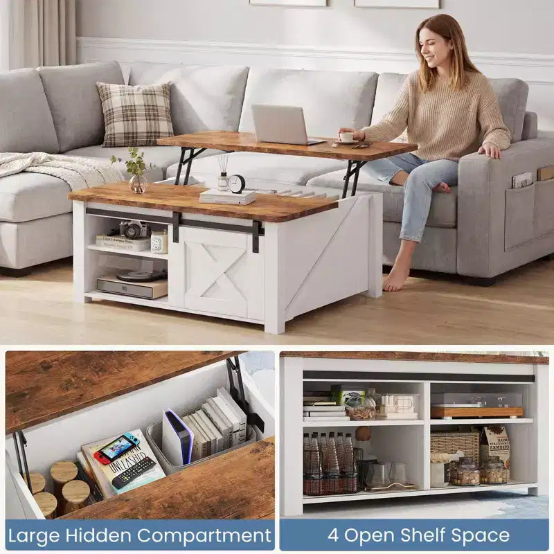 Table basse relevable JIONJOY 31,5" avec grand espace de rangement dissimulé, étagères réglables, table basse carrée de style ferme pour salon, petits espaces