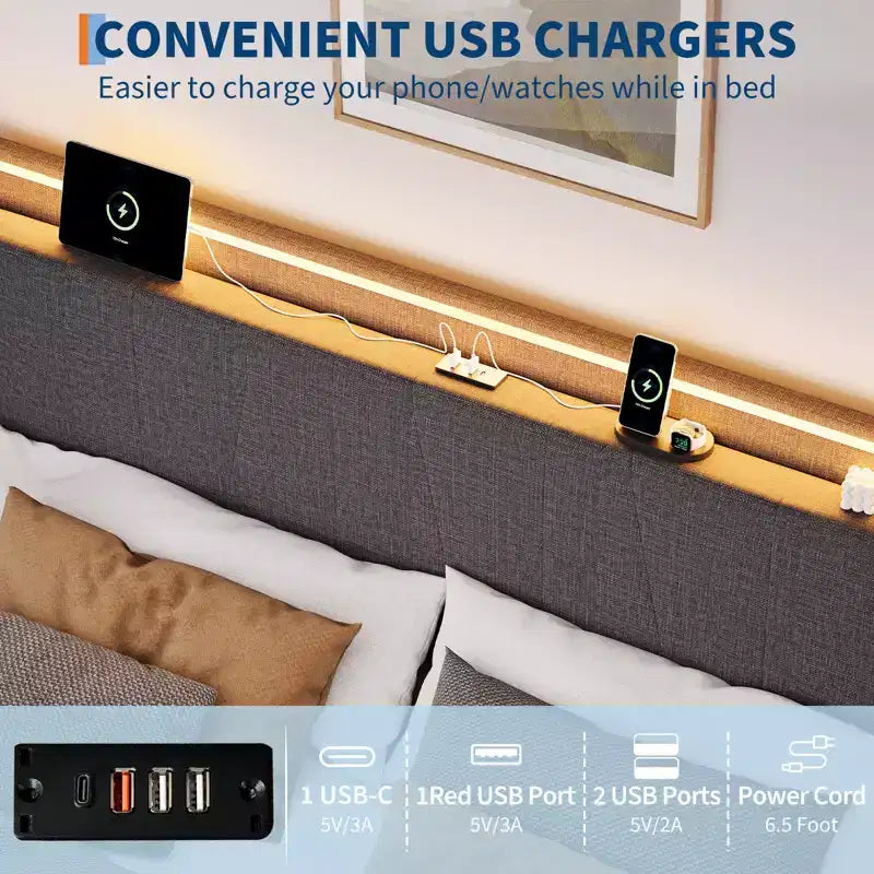 Cadre de Lit CuisinSmart avec Tête de Lit, Plateforme Capitonnée en Tissu Moderne, Cadre de Lit Ne Nécessitant Pas de Sommier Tapissier, Silencieux, Montage Facile