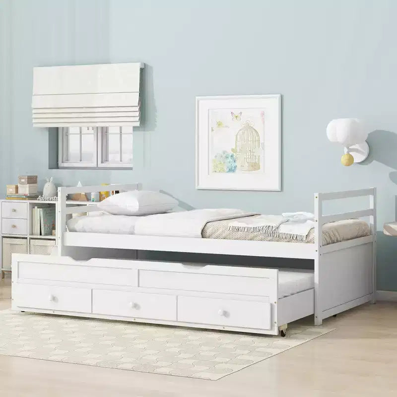 Lit de repos double avec lit gigogne et trois tiroirs de rangement, Lit plateforme en bois avec tête de lit et pied de lit pour enfants