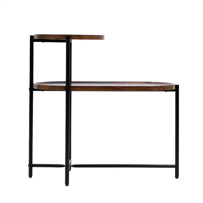 Petite table basse à 2 niveaux Noyer Marron, Étagère de rangement en bois Cadre en métal Table d'appoint pour canapé de salon