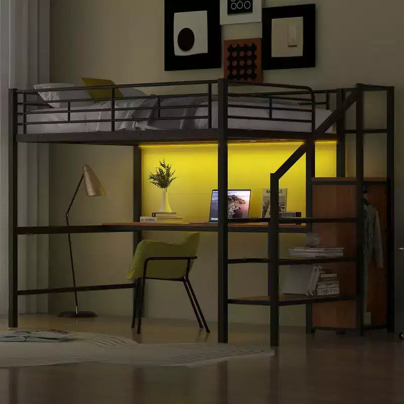 Okak Lit superposé en métal grandeur nature avec bureau et escalier de rangement et barrière de sécurité Lit mezzanine avec petite armoire et LED pour enfants adolescents Assemblage facile