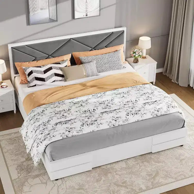 Cadre de lit tapissé GustoWave double/grand lit/très grand lit pour chambre à coucher, tête de lit moelleuse à capitonnage, support à lattes en bois, blanc