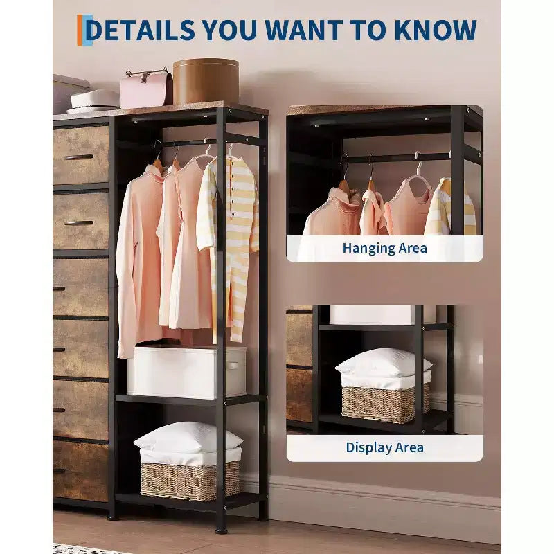 Commode de rangement avec 16 tiroirs, tringle à vêtements et étagères, organisateur de rangement en tissu pour chambre à coucher, placard ou entrée