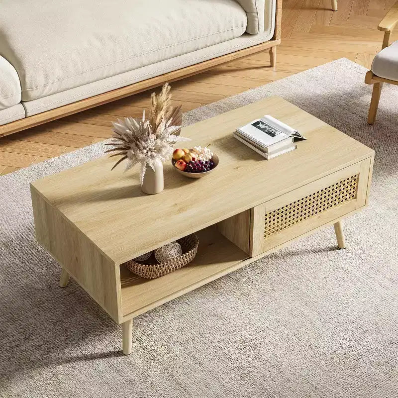 39.4 Table basse bohème en rotin, table de salon moderne en bois avec porte coulissante et étagère de rangement ouverte, patins antidérapants