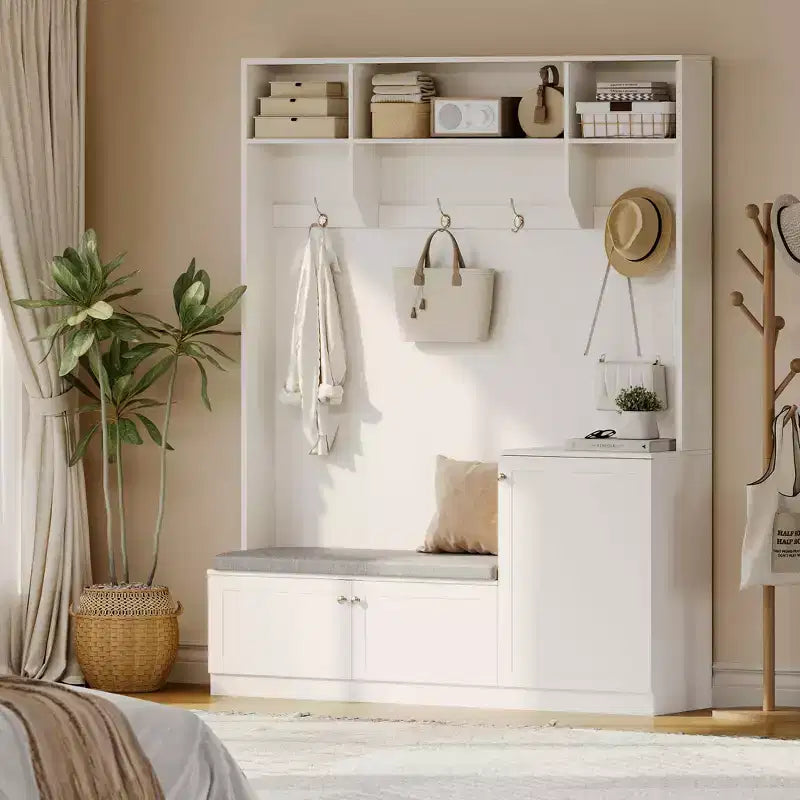 Banc et Rangement à Chaussures, Banc d'entrée de Ferme 3-en-1 avec Porte-Manteau, 4 Crochets, 4 Casiers à Chaussures et 3 Compartiments Ouverts, pour Entrée, Vestiaire