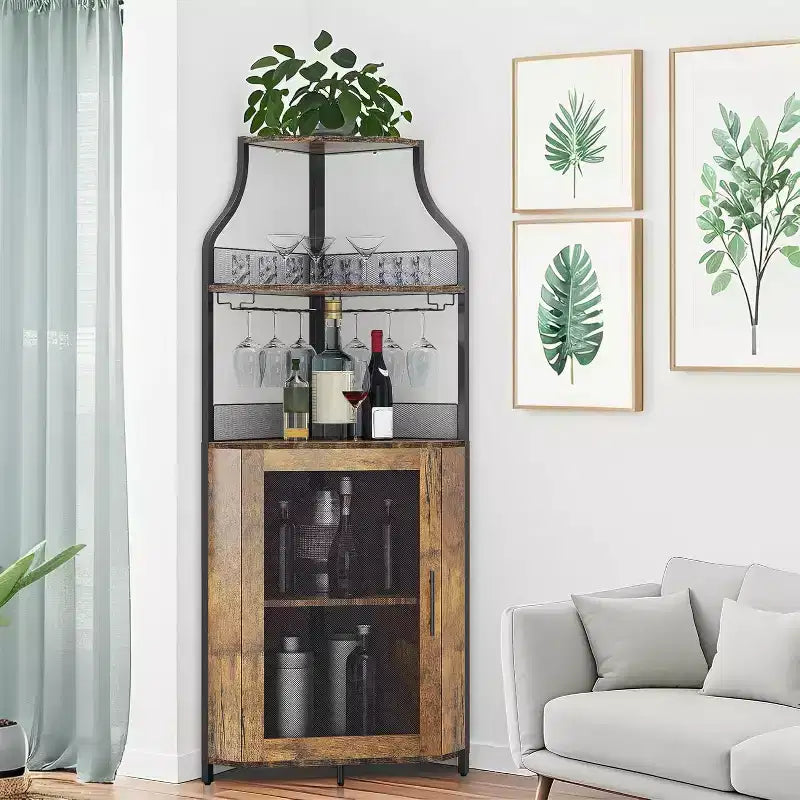 Meuble de bar d'angle CuisinSmart avec casier à vin amovible, meuble de bar avec porte-verres, petit buffet et armoire de rangement avec porte grillagée