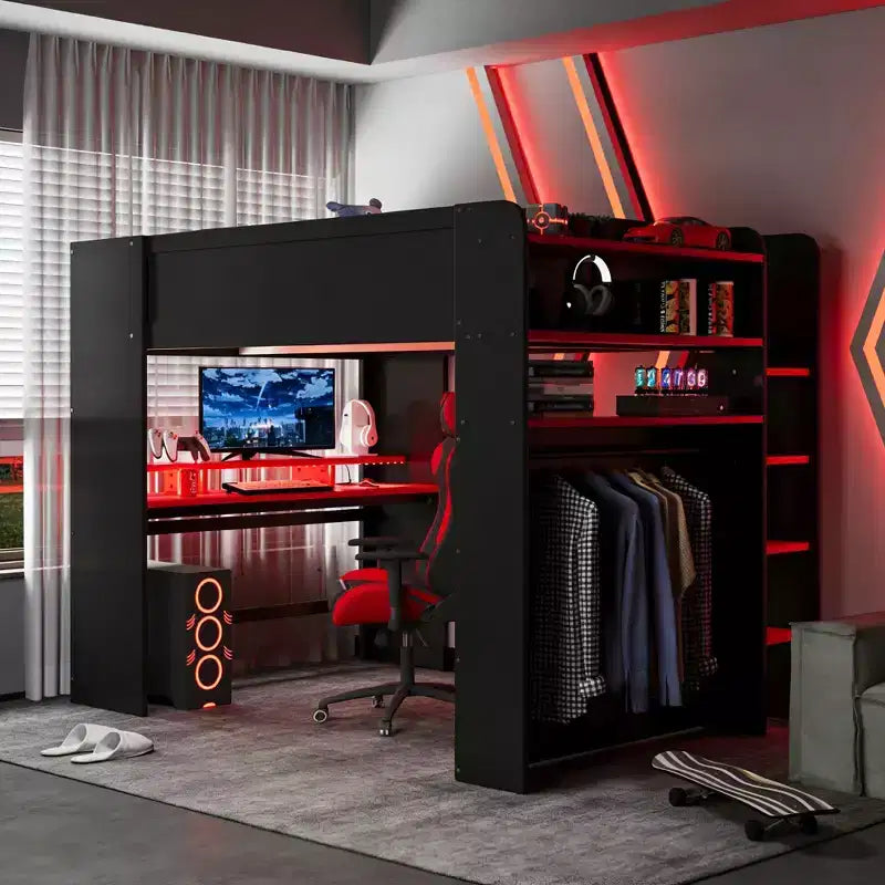 Lit mezzanine double Luxystar avec bureau réglable lumineux, armoire ouverte et bibliothèque