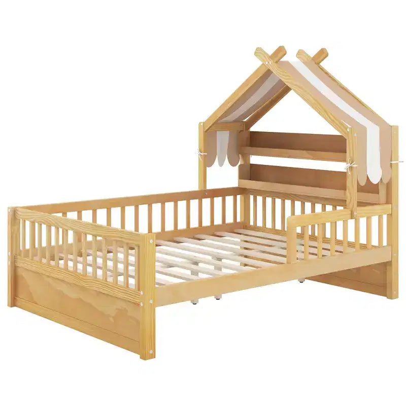 Lit cabane en bois ModernLuxe (taille lit simple/double) avec tête de lit de rangement, cadre de lit pour enfants en pin massif avec barrières de sécurité