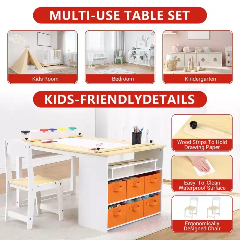 Table et ensemble de tabourets d'art CuisinSmart pour enfants, table d'activités en bois pour tout-petits avec bacs de rangement, bureau de dessin, artisanat en bois pour enfants