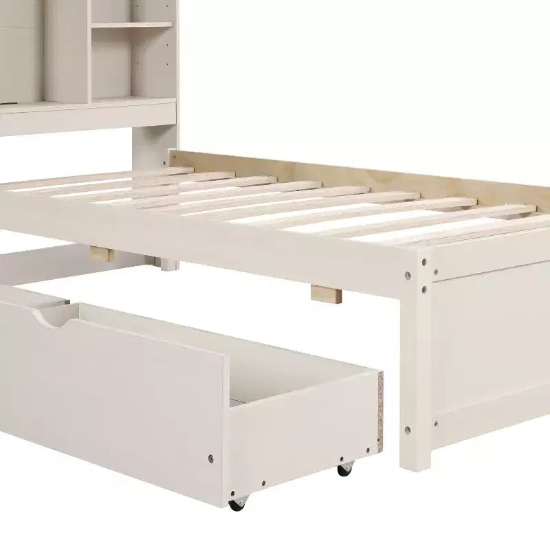 Bellemave Lit plateforme jumeau avec tête de lit bibliothèque et 2 tiroirs de rangement, lit plateforme en panneau de particules avec port de chargement USB