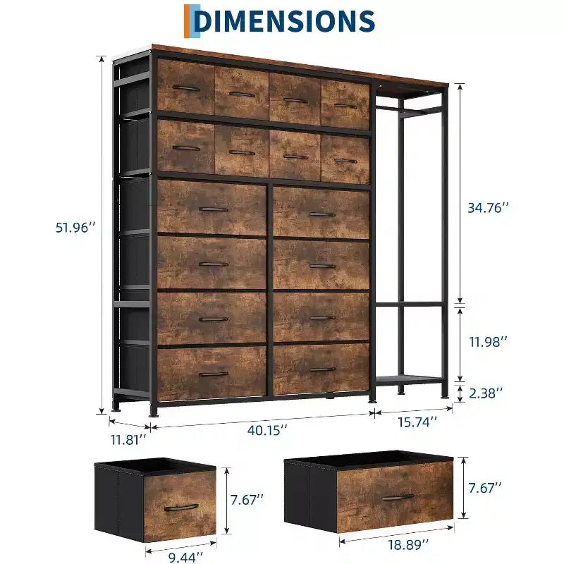 Commode de rangement avec 16 tiroirs, tringle à vêtements et étagères, organisateur de rangement en tissu pour chambre à coucher, placard ou entrée