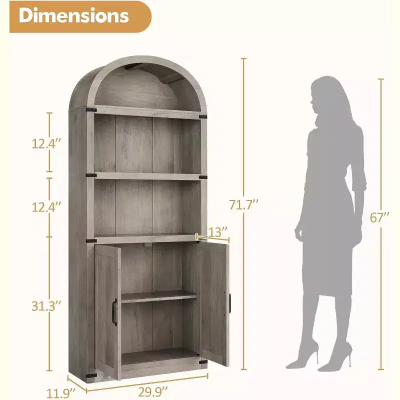 Bibliothèque avec portes Étagère cintrée 182 cm de haut Bibliothèque de style rustique avec étagères Bibliothèques en bois pour la maison, le bureau, le salon