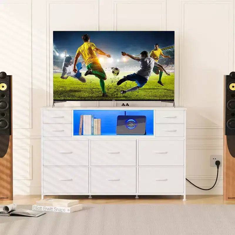 Commode de rangement à 10 tiroirs avec support TV, bande lumineuse LED et prises électriques, commode en tissu avec plateau en bois, meuble TV pour téléviseur de 55 pouces, commode de rangement