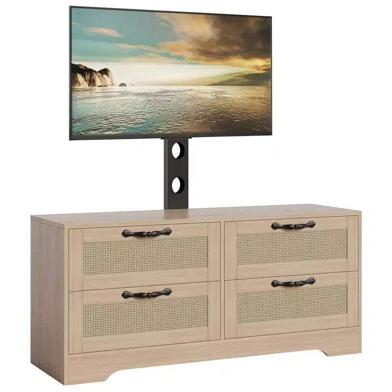 Meuble TV bahut de style campagnard pour téléviseurs jusqu'à 70'', 4 tiroirs, portes en rotin, meuble de rangement en bois, console média pour chambre ou salon