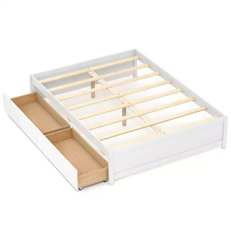 Lit plateforme en bois Costway, pleine/double, avec 2 tiroirs de rangement roulants, support à lattes en bois, naturel/blanc