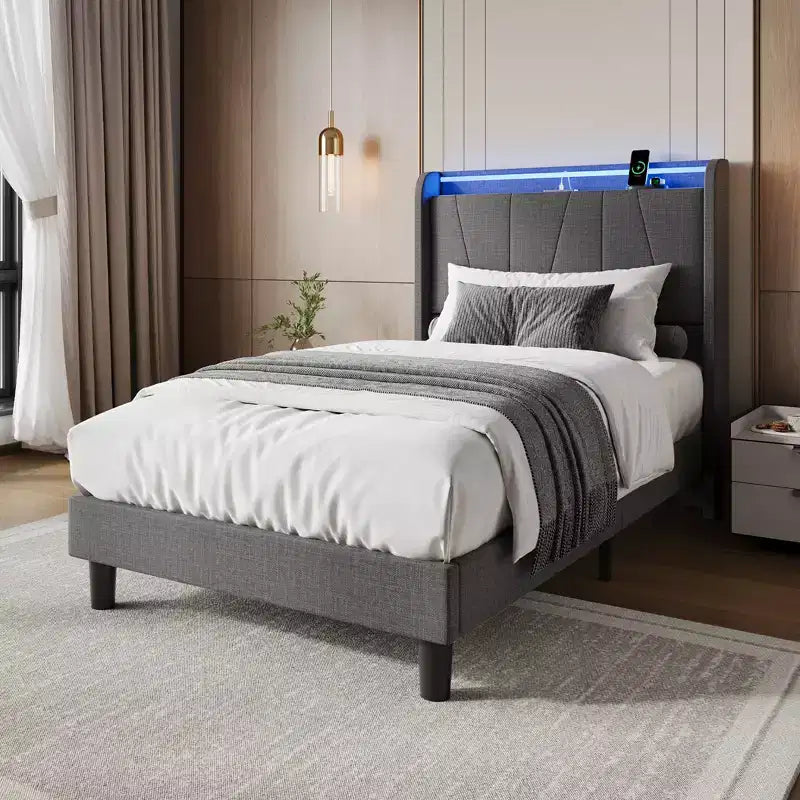Cadre de Lit CuisinSmart avec Tête de Lit, Plateforme Capitonnée en Tissu Moderne, Cadre de Lit Ne Nécessitant Pas de Sommier Tapissier, Silencieux, Montage Facile