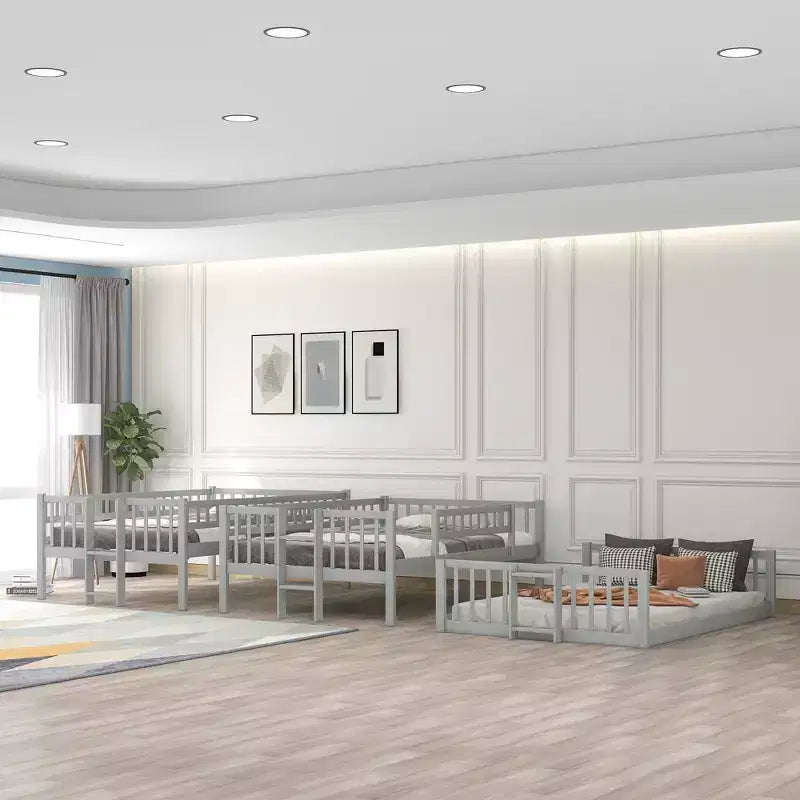 Lit superposé triple pour deux personnes avec échelle convertible et toboggan, lit triple avec barrières de sécurité, blanc/gris/espresso - ModernLuxe