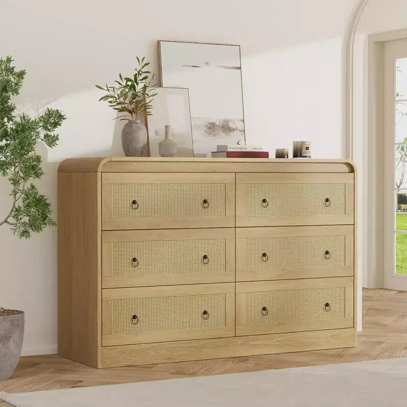 Commode à 6 tiroirs en rotin pour chambre à coucher, commode en bois de 117 cm de large, meuble TV, organisateur de rangement pour vêtements pour salon, noir