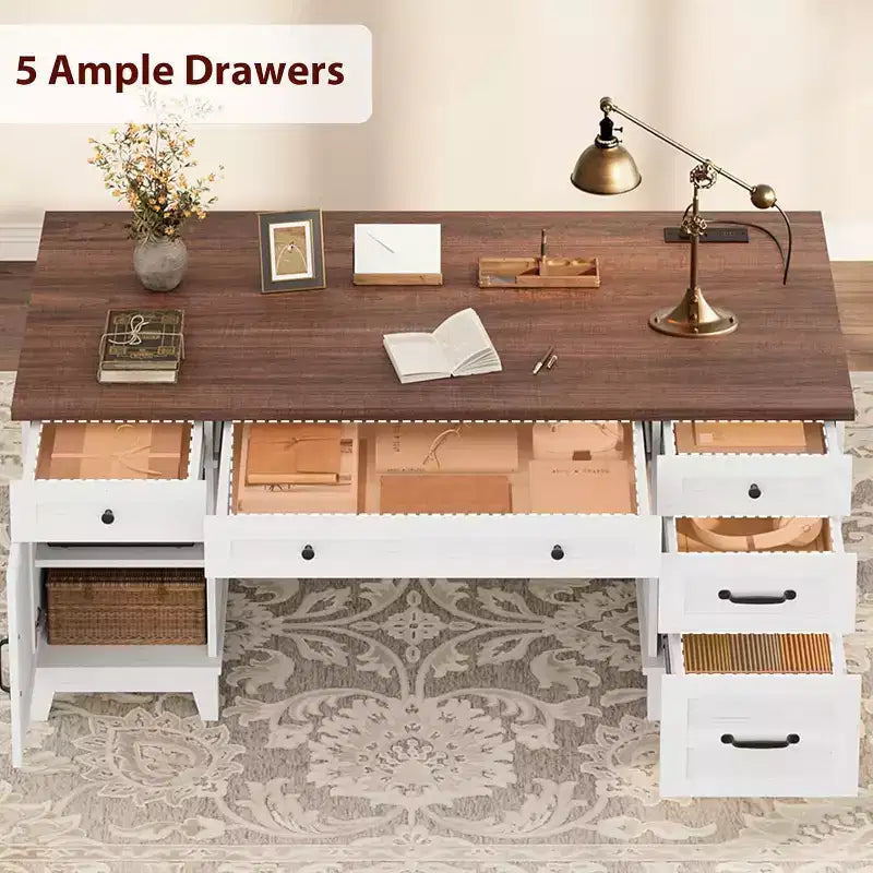 Bureau de direction de 152 cm avec tiroirs, bureau d'ordinateur avec station de charge, bureau d'écriture en bois pour étude, table de conférence pour salon