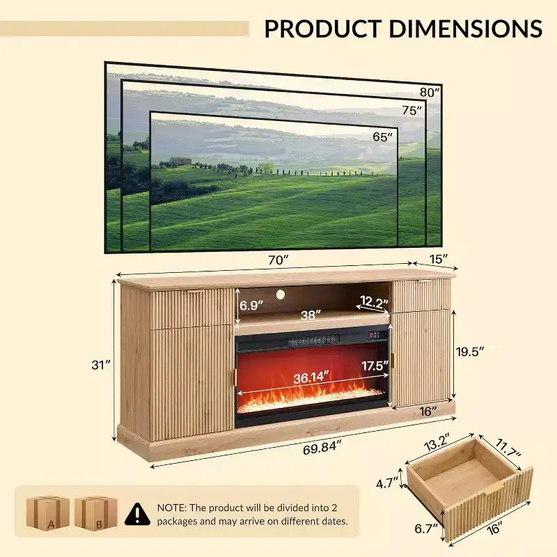 Meuble TV de cheminée cannelé de 70 po pour téléviseurs de 80 po, centre de divertissement moderne avec cheminée électrique de 36 po, console TV multimédia en bois avec rangement