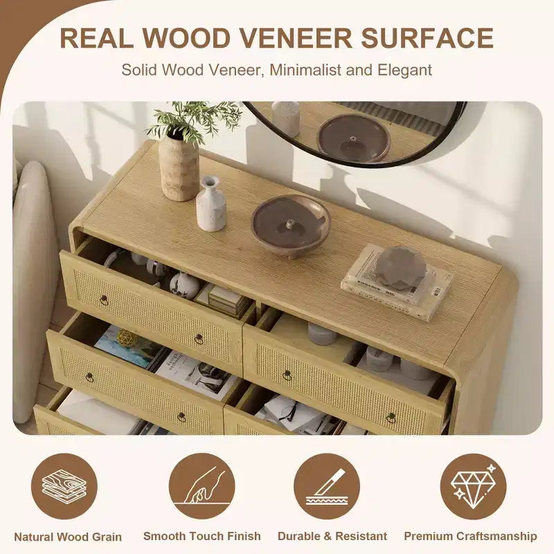 Commode à 6 tiroirs en rotin pour chambre à coucher, commode en bois de 117 cm de large, meuble TV, organisateur de rangement pour vêtements pour salon, noir