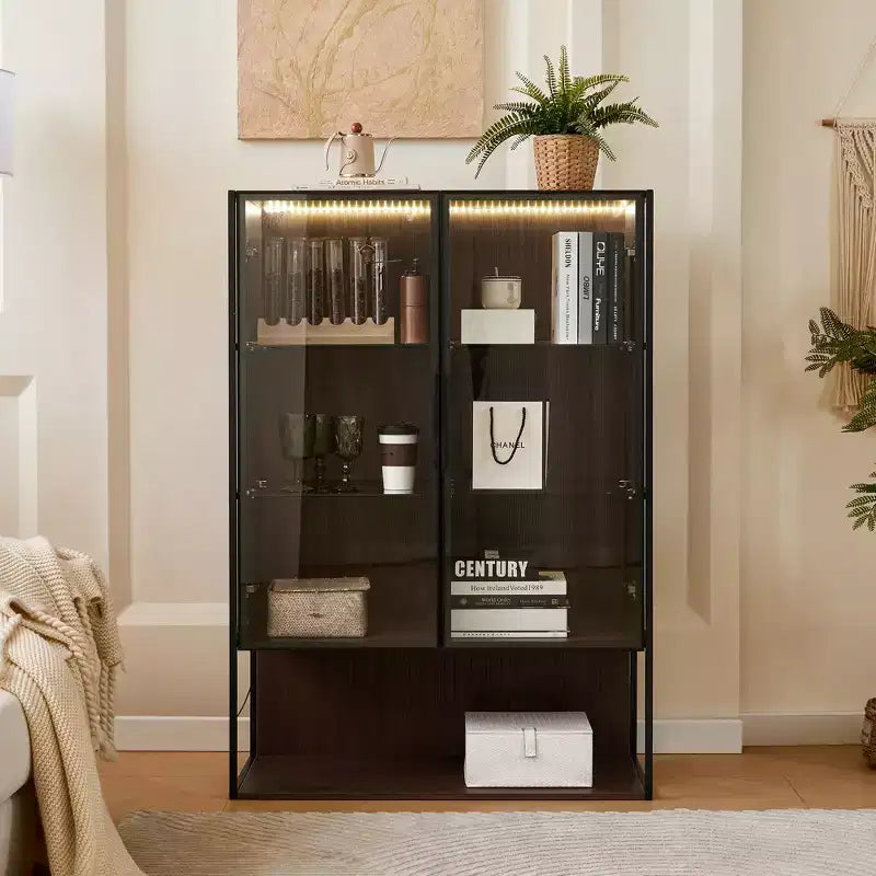 CLIHOME Vitrine haute lumineuse de 130 cm avec porte en verre trempé et cadre en métal, meuble de curiosités à LED